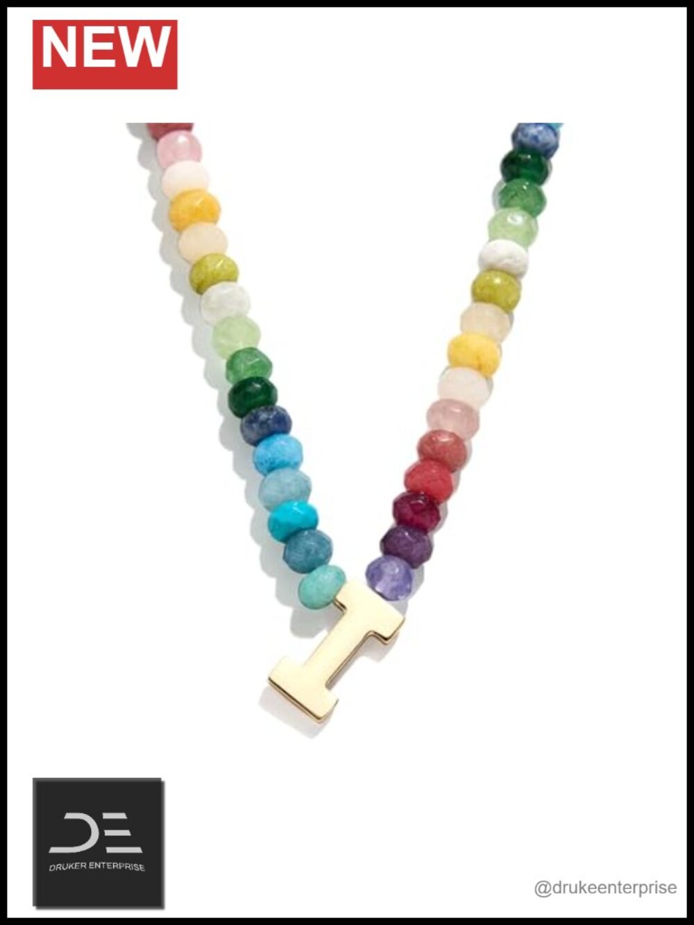 Semi-Precious Beaded Initial Letter Necklace Gold Plated Brass 18